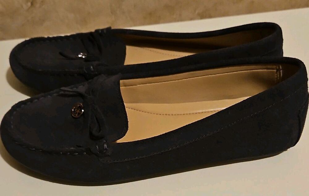 Michael Kors Womens 7.5 Suede Loafers Flats Charcoal Gray MK Logo Slip On